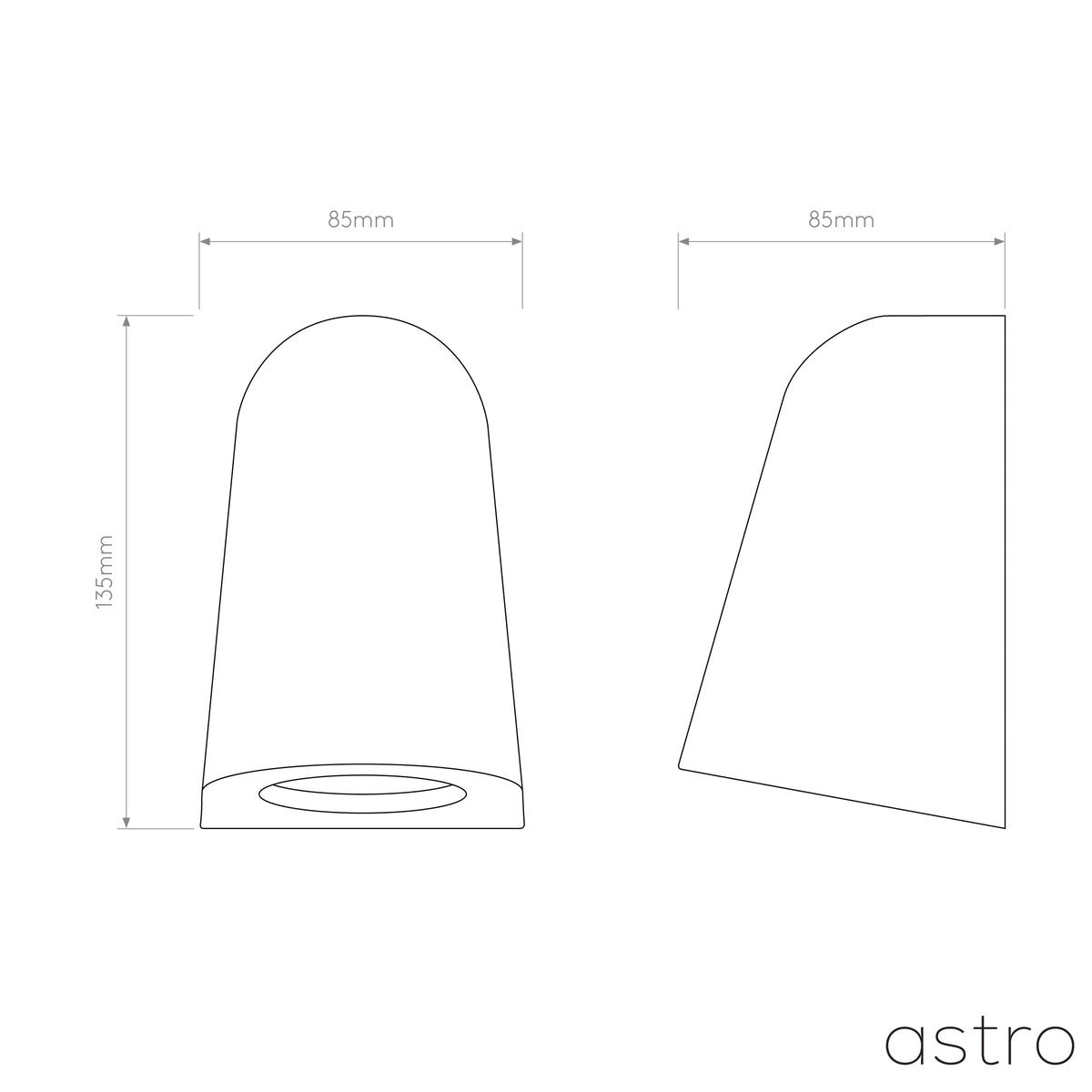 Technical drawing of a wall light, front and side view, with dimensions 135mm height and 85mm width