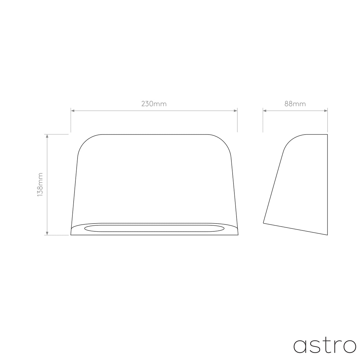 Line drawing of a rectangular light fixture with rounded corners, showing front and side views with dimensions