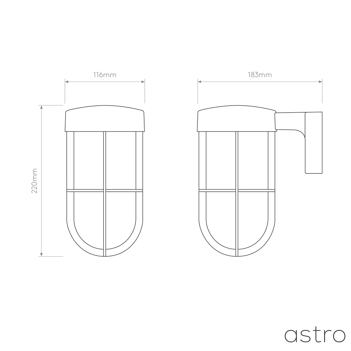 Technical drawing of a light fixture with dimensions 220mm height, 116mm width, and 183mm depth
