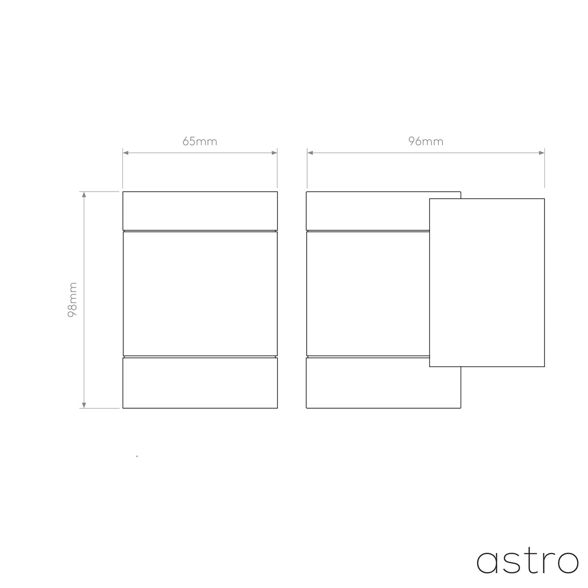 Technical drawing of a rectangular light fixture with dimensions 98mm height, 65mm width, and 96mm depth