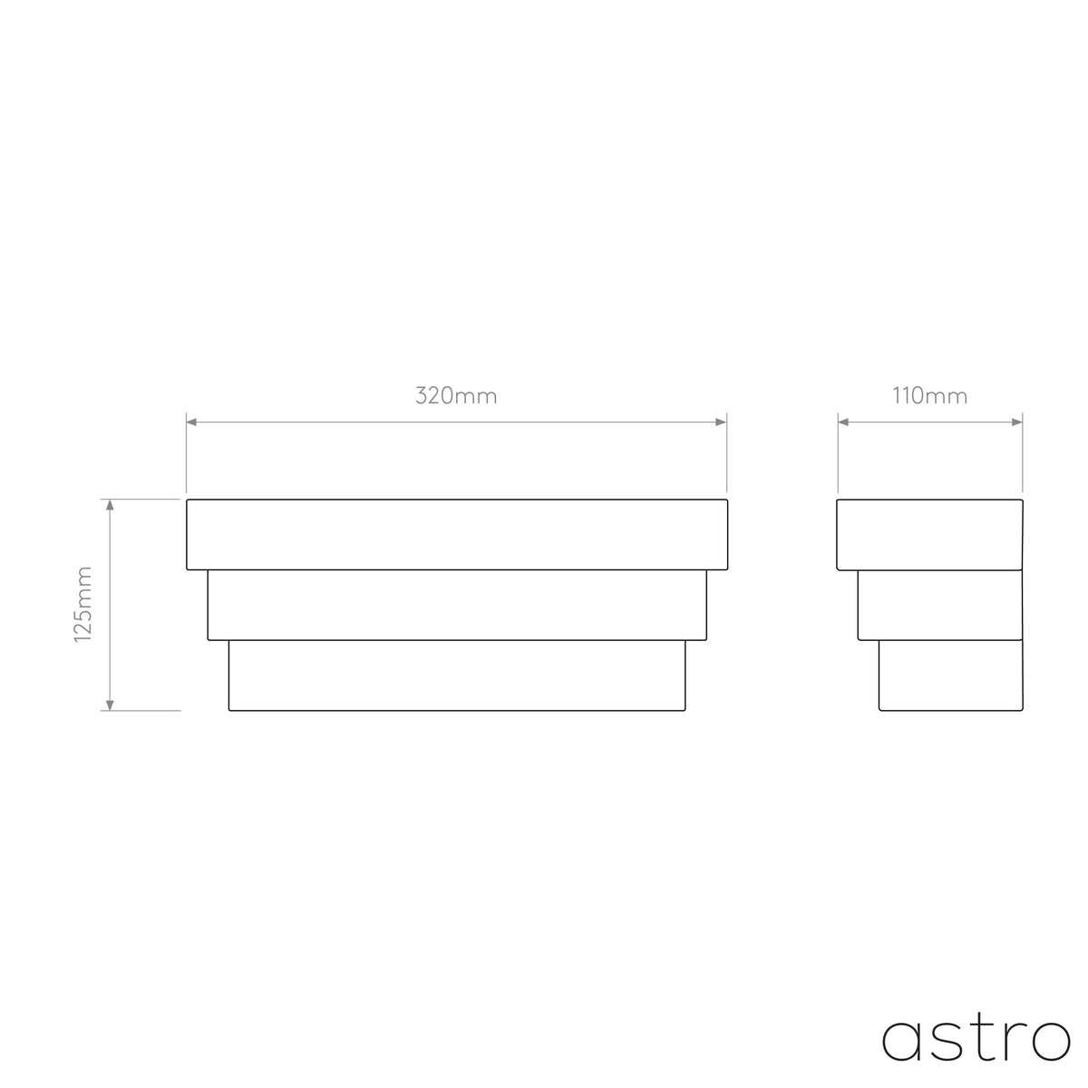 Line drawing of a rectangular light fixture with dimensions 320mm width, 125mm height, and 110mm depth
