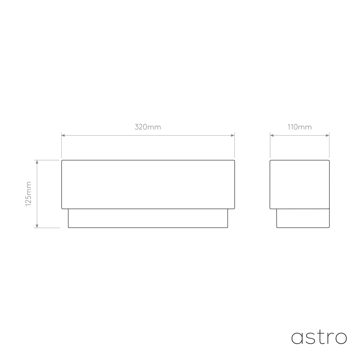 Technical drawing of a rectangular light fixture with dimensions 320mm width, 125mm height, 110mm depth