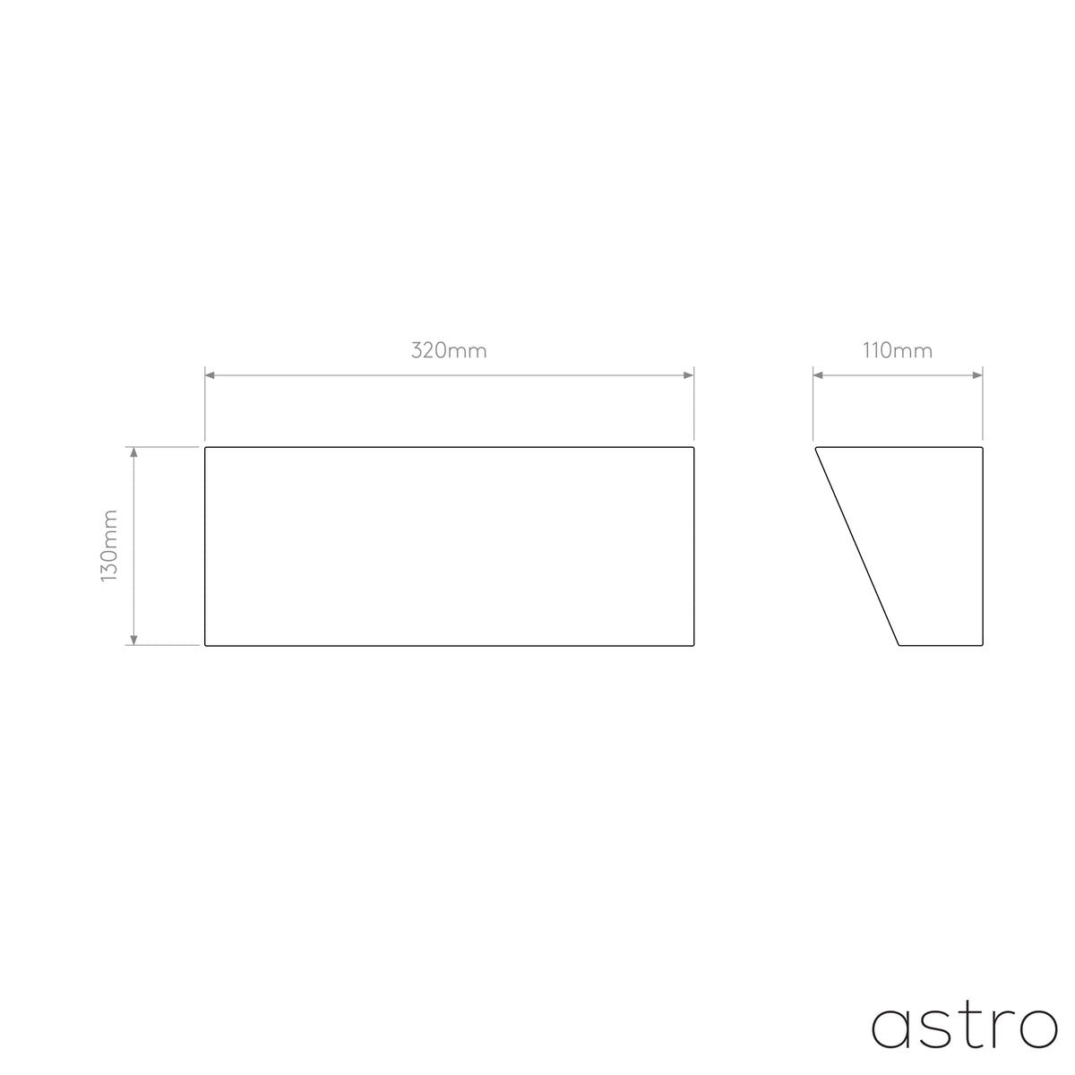 Line drawing of a rectangular light fixture with dimensions 320mm width, 130mm height, and 110mm depth