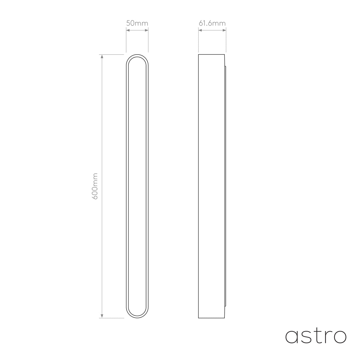 Astro technical drawing with dimensions 600mm height, 50mm width, and 61.6mm depth
