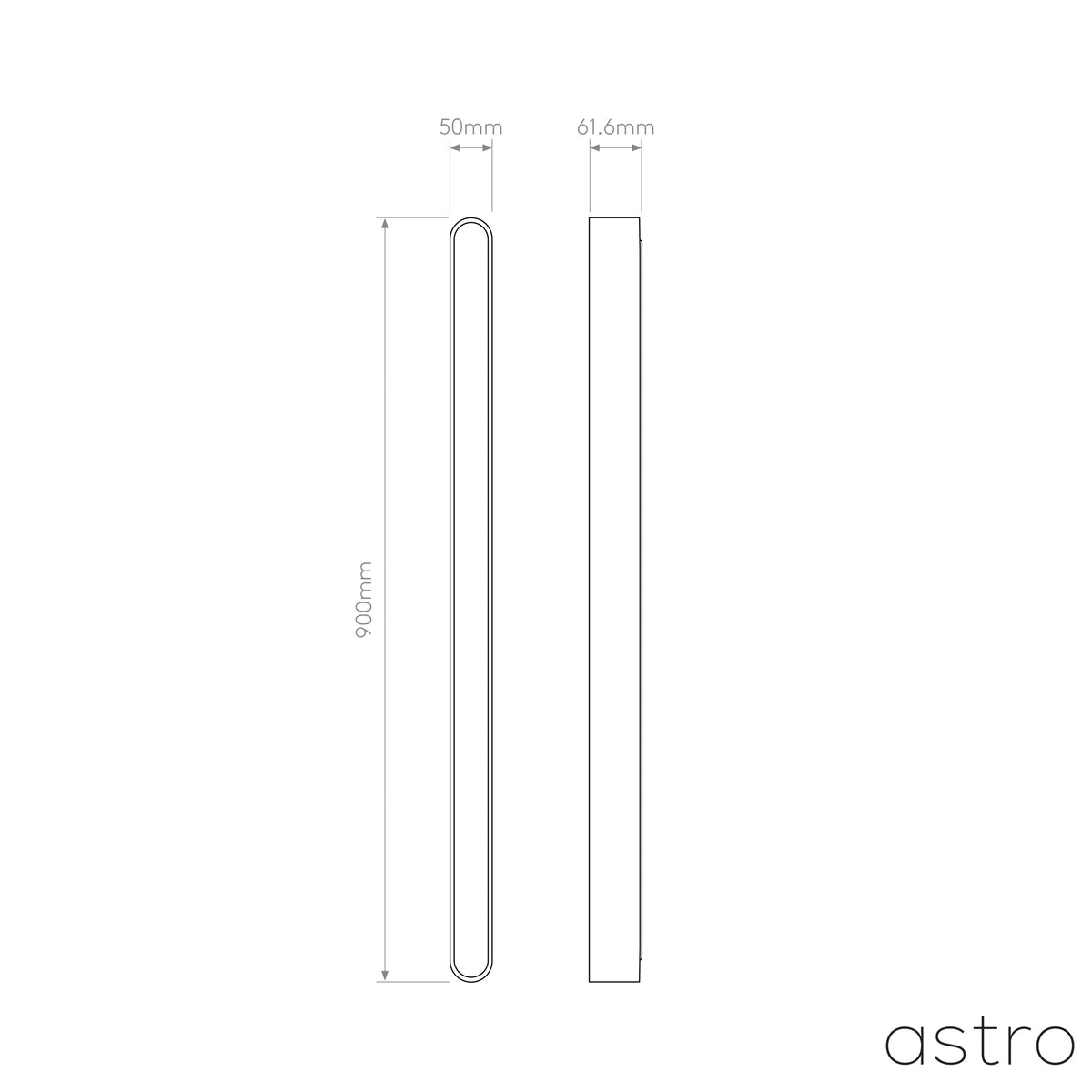 Technical drawing of a cylindrical light fixture with dimensions 900mm height, 50mm width, 61.6mm depth