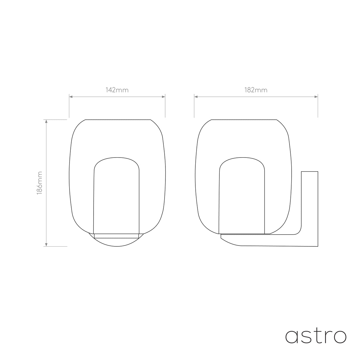 Technical drawing of a wall light with dimensions 142mm width, 186mm height, and 182mm depth