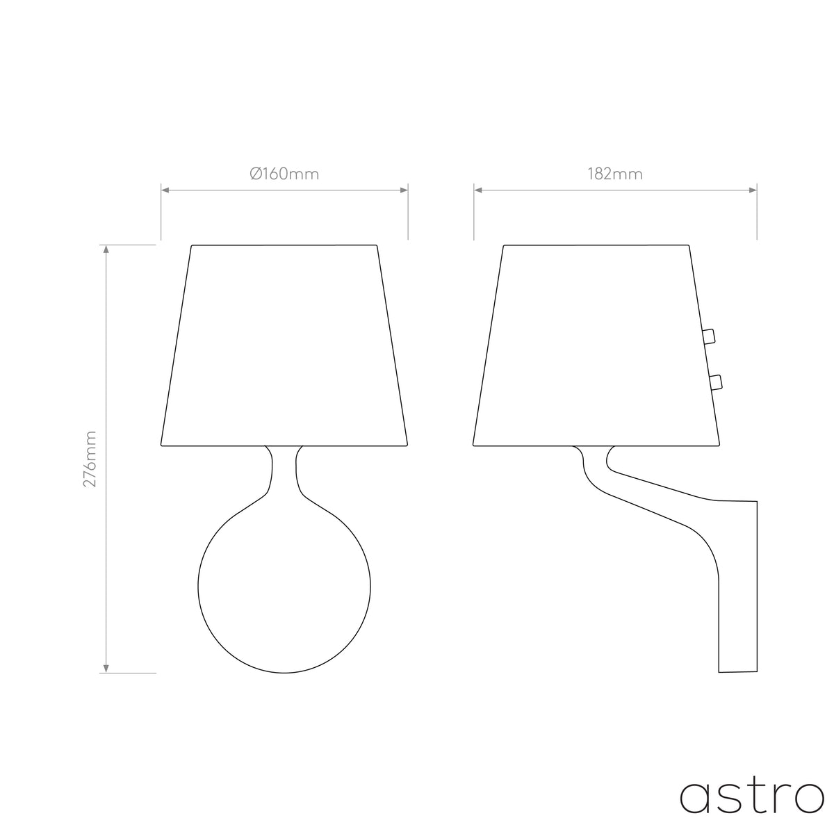 Technical drawing of a wall light with a conical shade, showing front and side views with dimensions