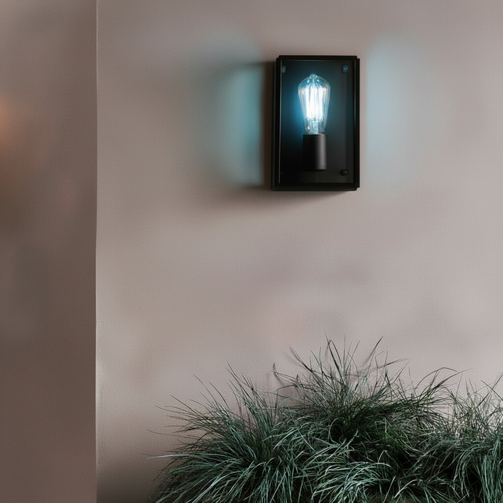 Black wall light with a glowing bulb above green plants