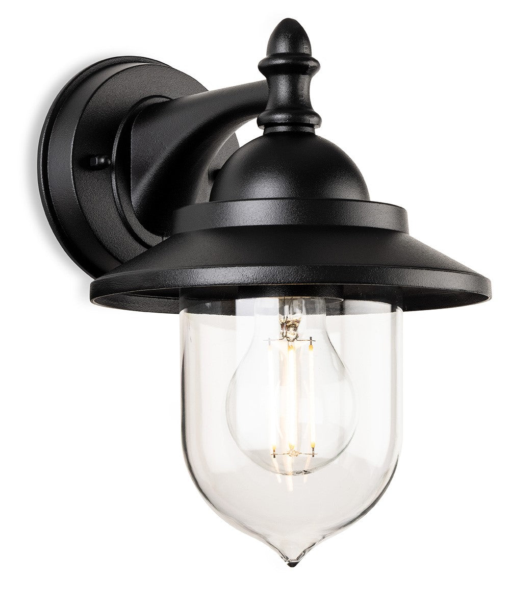 Black outdoor wall light with clear glass shade and exposed filament bulb