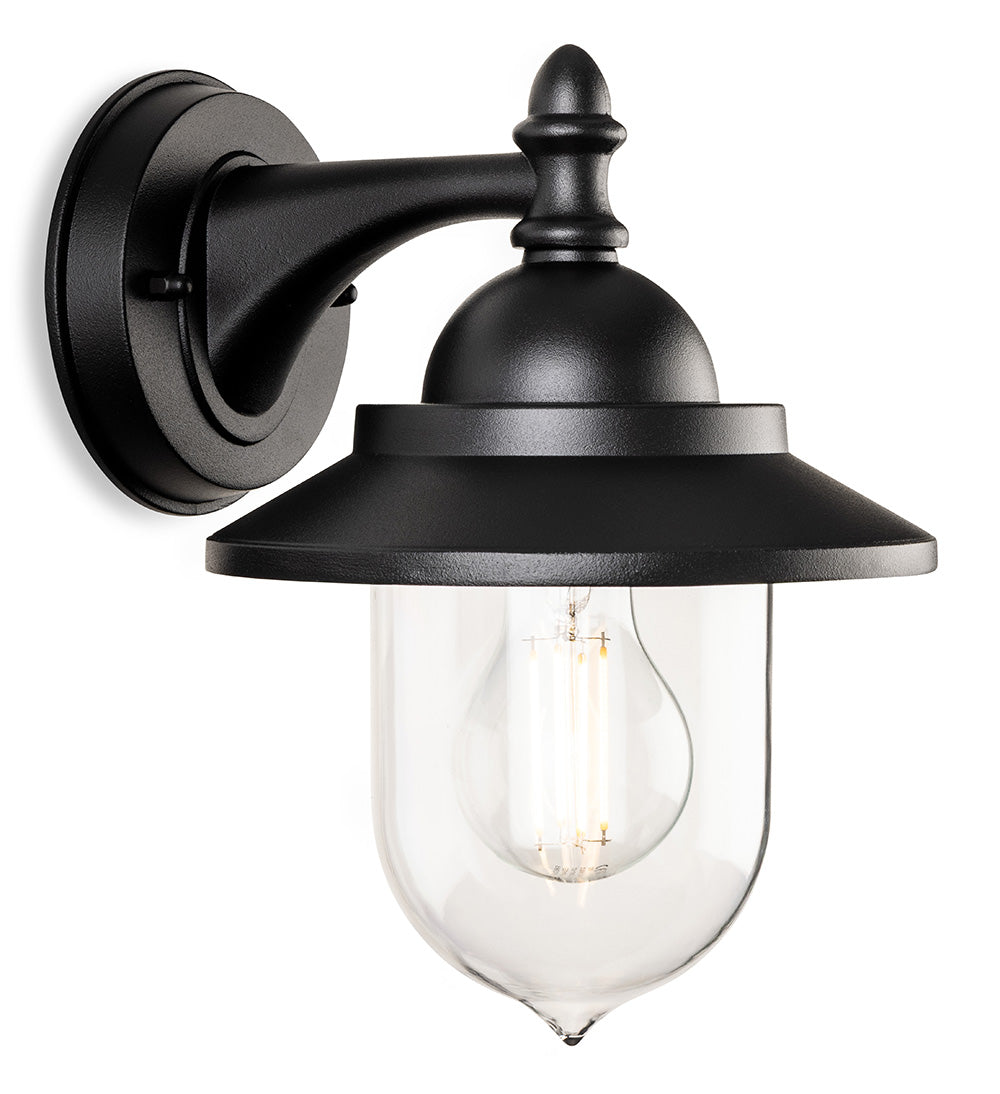 Black outdoor wall light with clear glass shade and exposed filament bulb