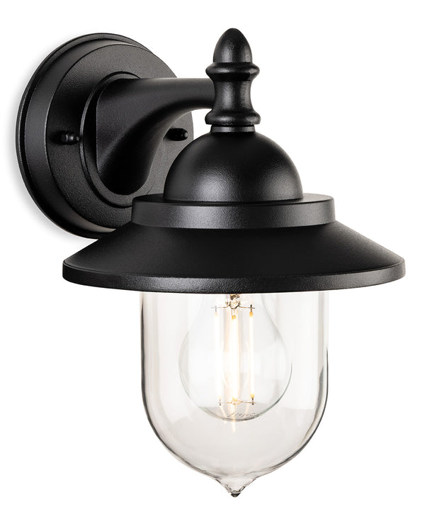 Black outdoor wall light with a clear glass shade and exposed bulb