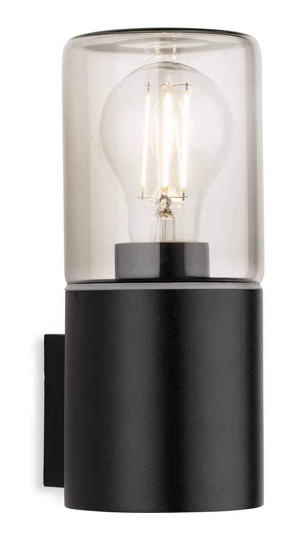 Black outdoor wall light with a clear glass shade and exposed filament bulb