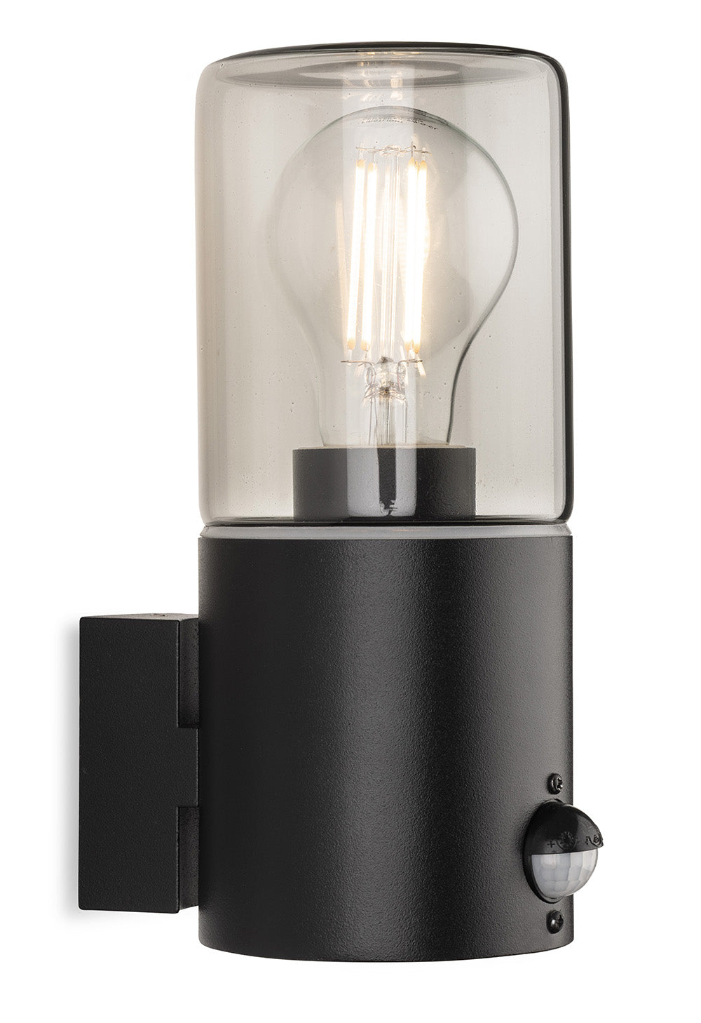 Black outdoor wall light with clear glass shade and visible filament bulb