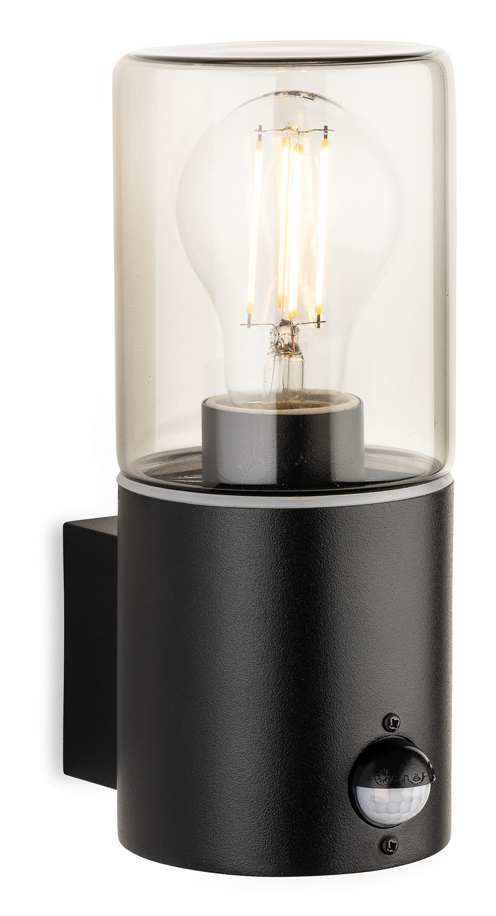 Black outdoor wall light with clear glass cylinder and exposed filament bulb, motion sensor at base