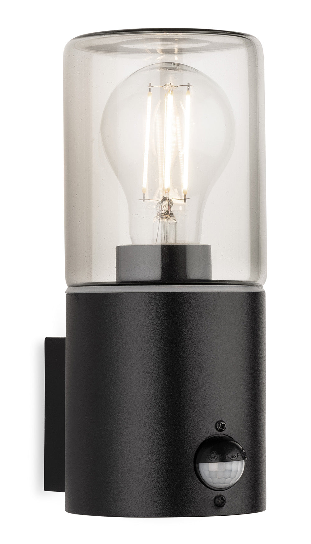 Black outdoor wall light with clear glass shade and visible filament bulb, motion sensor at base