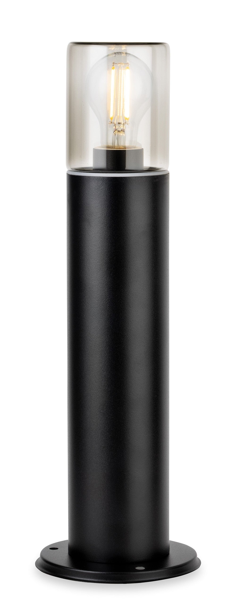 Black cylindrical outdoor light with a clear glass top and a visible filament bulb