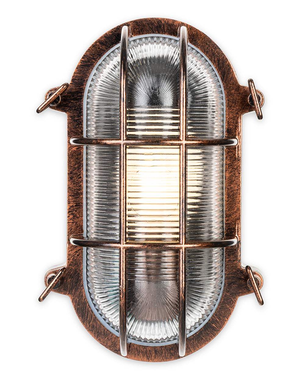 Oval bulkhead light in a copper finish with a ribbed glass diffuser and protective cage