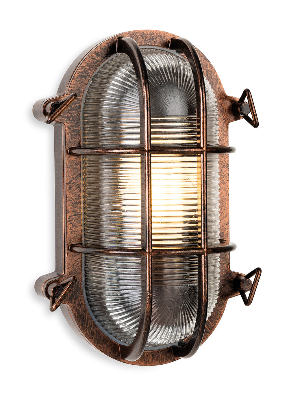 Oval bulkhead light in a copper finish with a ribbed glass diffuser and protective cage