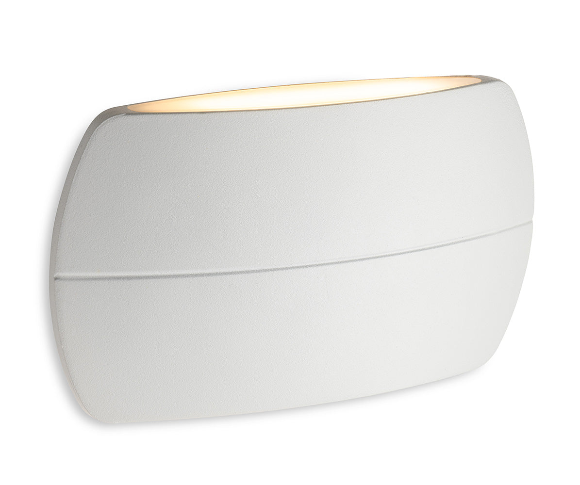 White curved wall light with a horizontal line across the middle and warm light emitting from the top