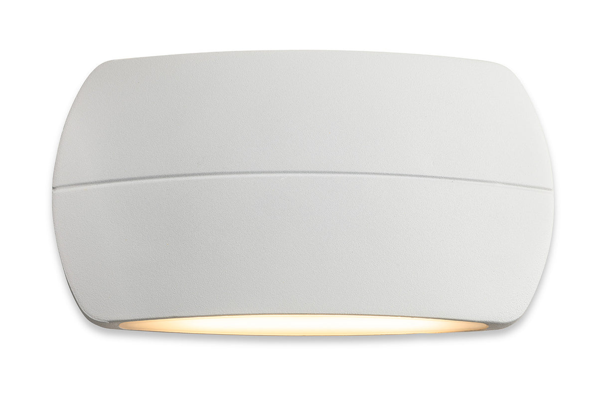 White outdoor wall light with a curved top and bottom, emitting a warm glow from the bottom