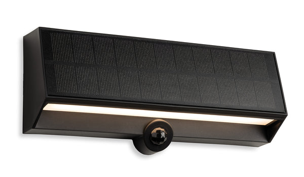 Black solar-powered wall light with a rectangular solar panel on top, an illuminated LED strip below, and a motion sensor