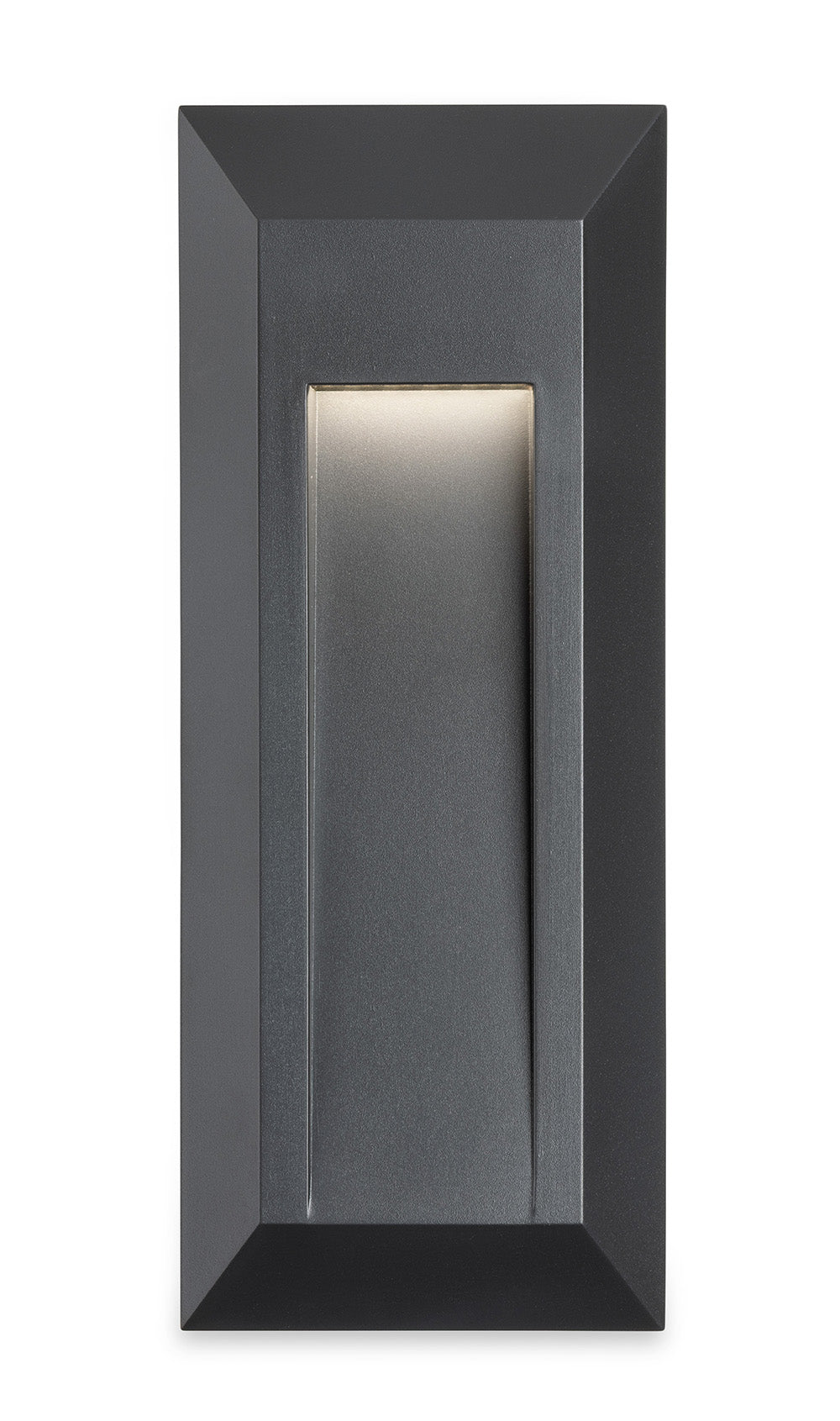 Rectangular dark gray recessed step light with a subtle glow at the top of the inner rectangle