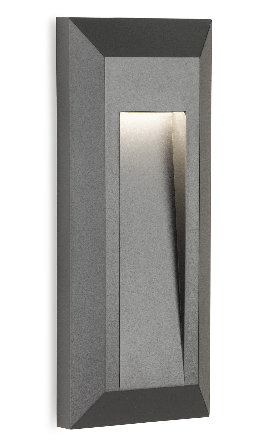 Rectangular dark grey outdoor wall light with an illuminated recessed rectangular opening