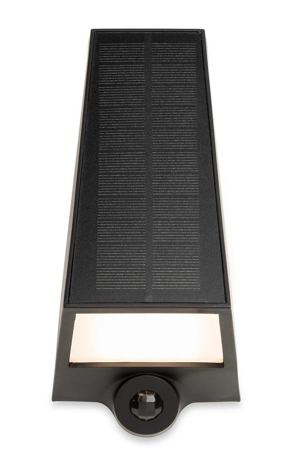 Black solar-powered wall light with a rectangular solar panel, a horizontal light strip, and a motion sensor
