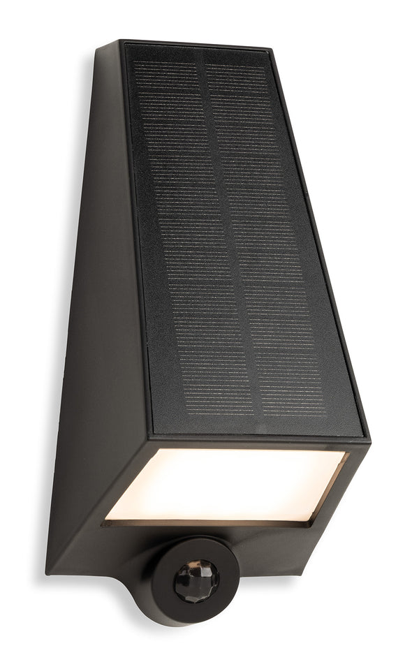 Black solar-powered wall light with a motion sensor and illuminated panel