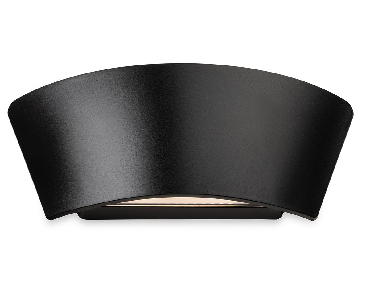 Black curved wall light with a warm glow emanating from the bottom