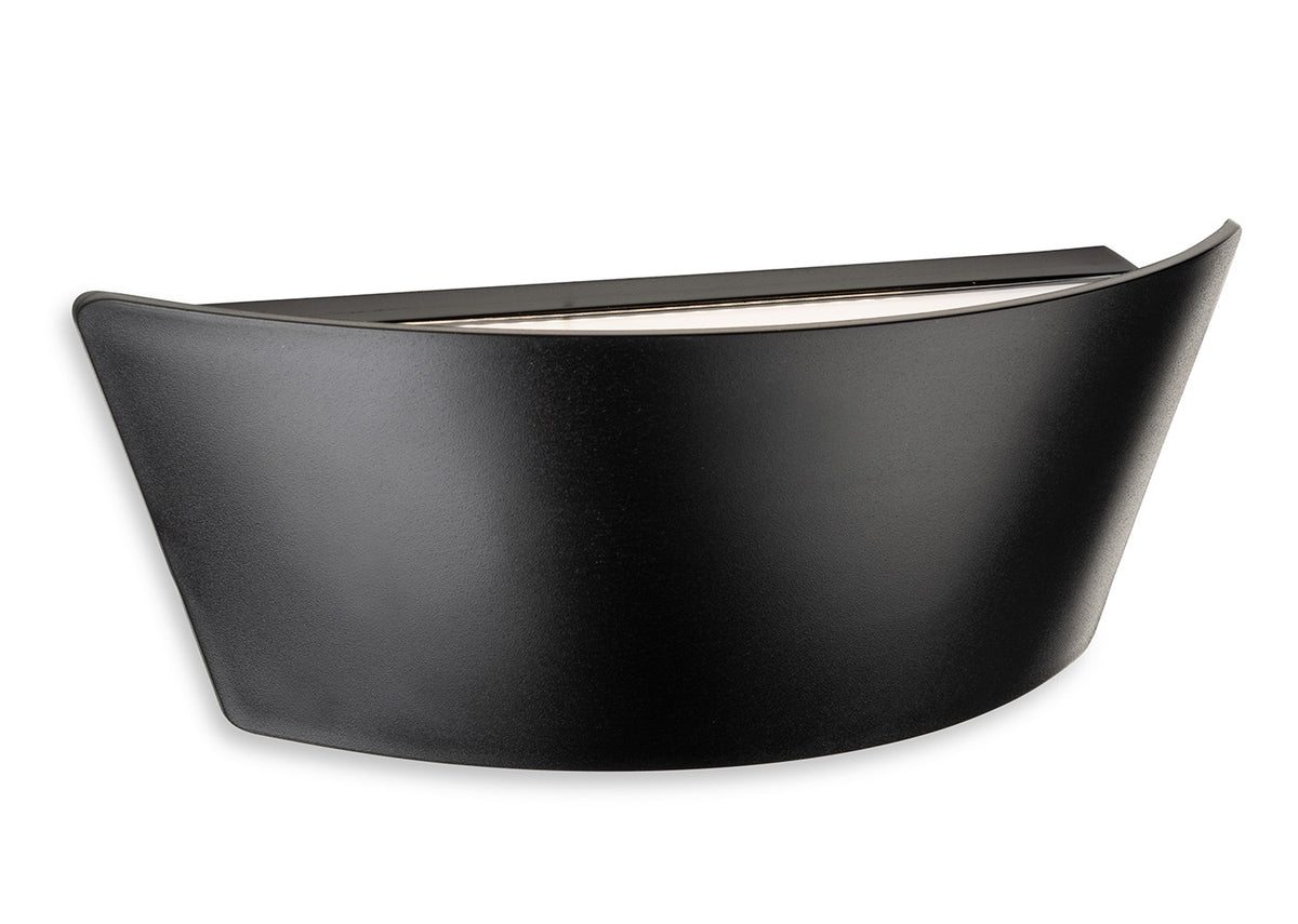 Black curved wall light with a white light strip at the top