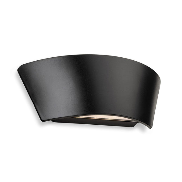 Black curved wall light with a warm glow