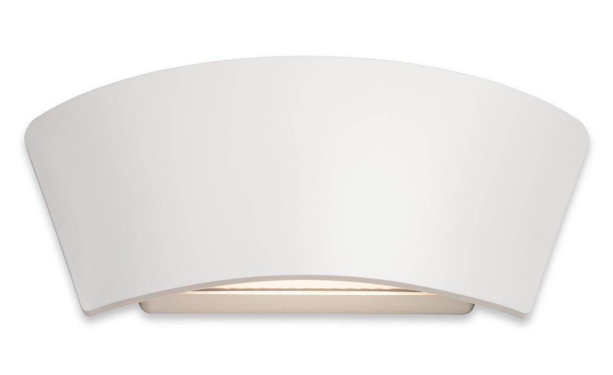White curved wall light with a warm glow emanating from the bottom edge