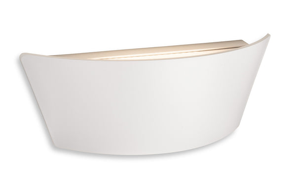 White curved wall light with a warm glow from the top edge