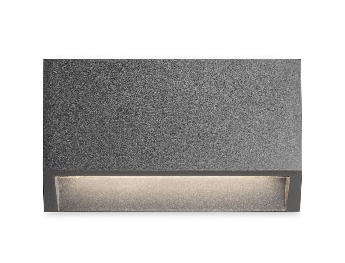 Rectangular grey outdoor wall light with a downward-facing light strip