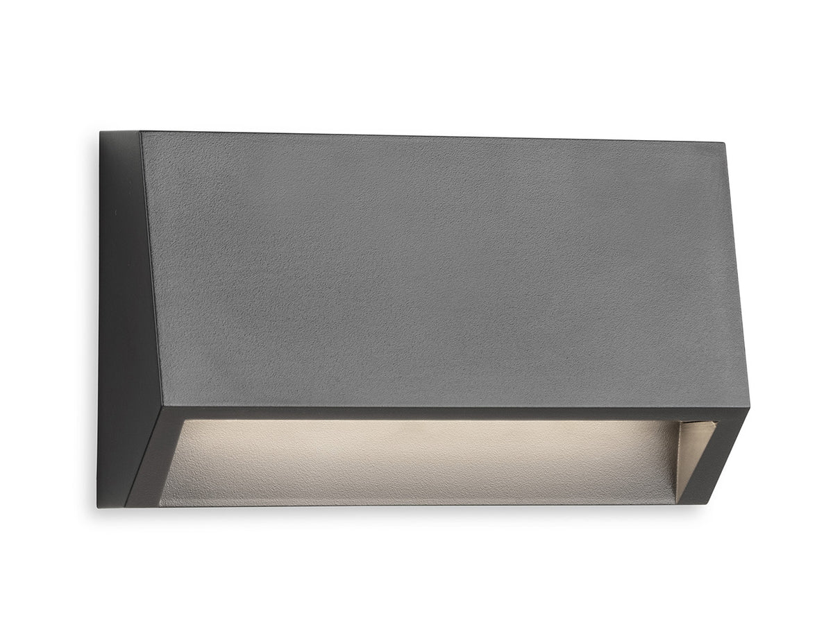 Rectangular grey outdoor wall light with downward-facing illumination