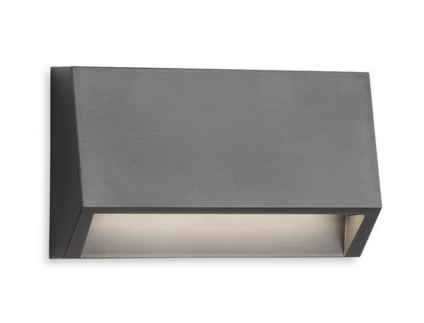 Rectangular grey outdoor wall light with downward-facing illumination