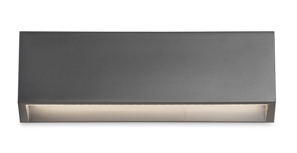Rectangular grey outdoor wall light with a downward-facing light strip