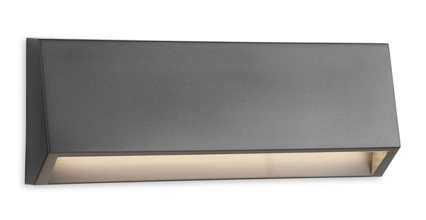 Rectangular grey outdoor wall light with a downward-facing light strip