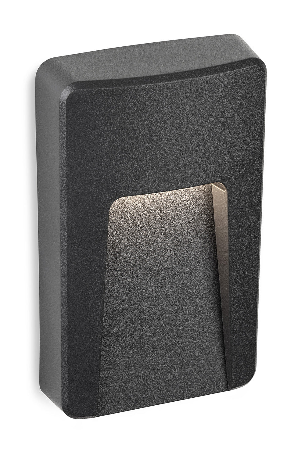 Black rectangular outdoor wall light with a curved top and a recessed light source
