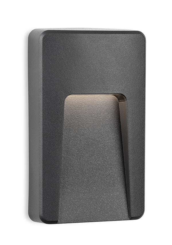 Dark grey rectangular outdoor wall light with a recessed warm light source
