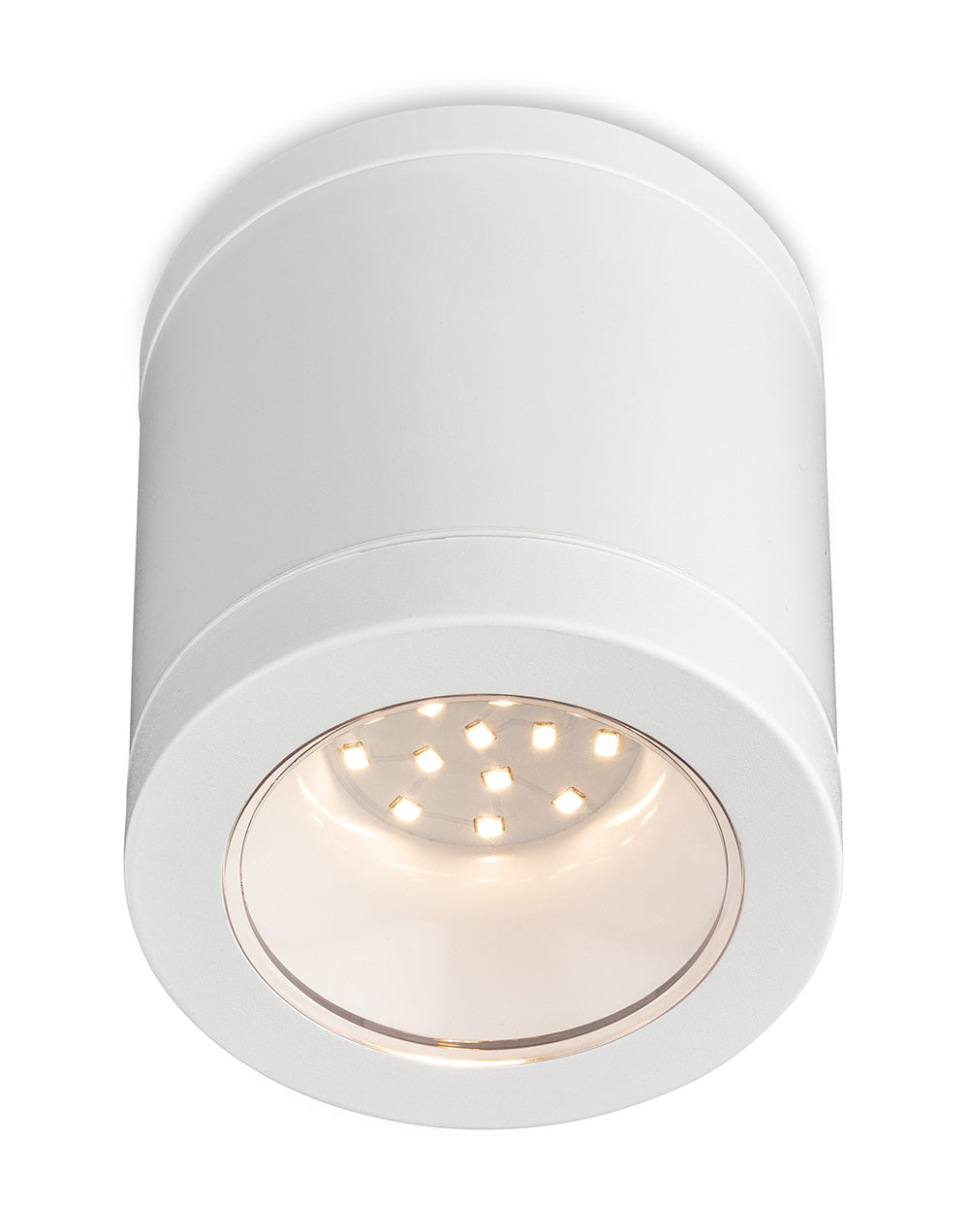 White cylindrical LED ceiling light fixture with multiple small lights inside