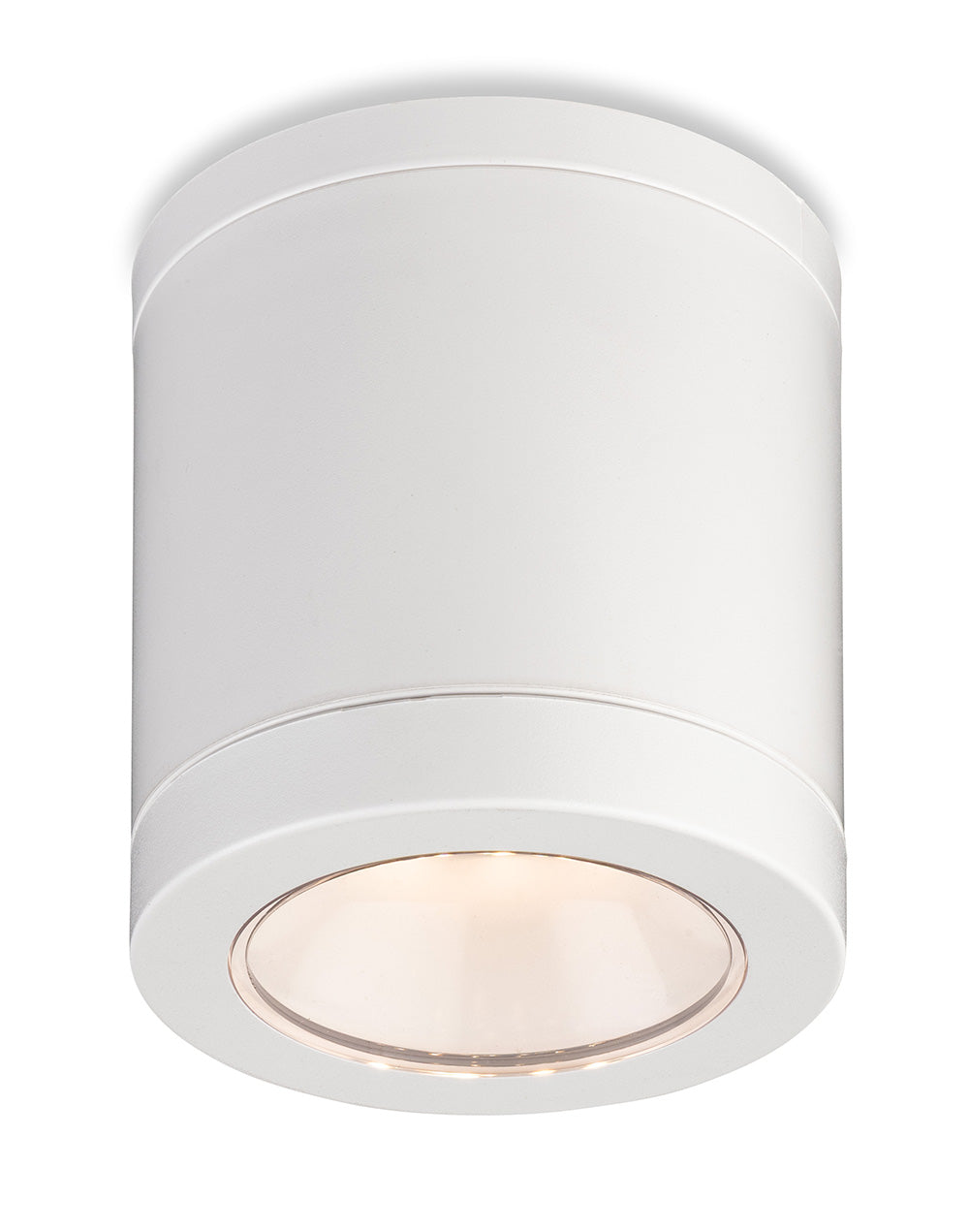 White cylindrical ceiling light fixture with a glowing bulb