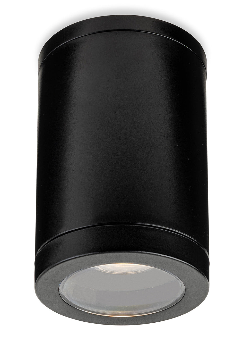 Black cylindrical ceiling light with a clear lens and a warm light glowing from within