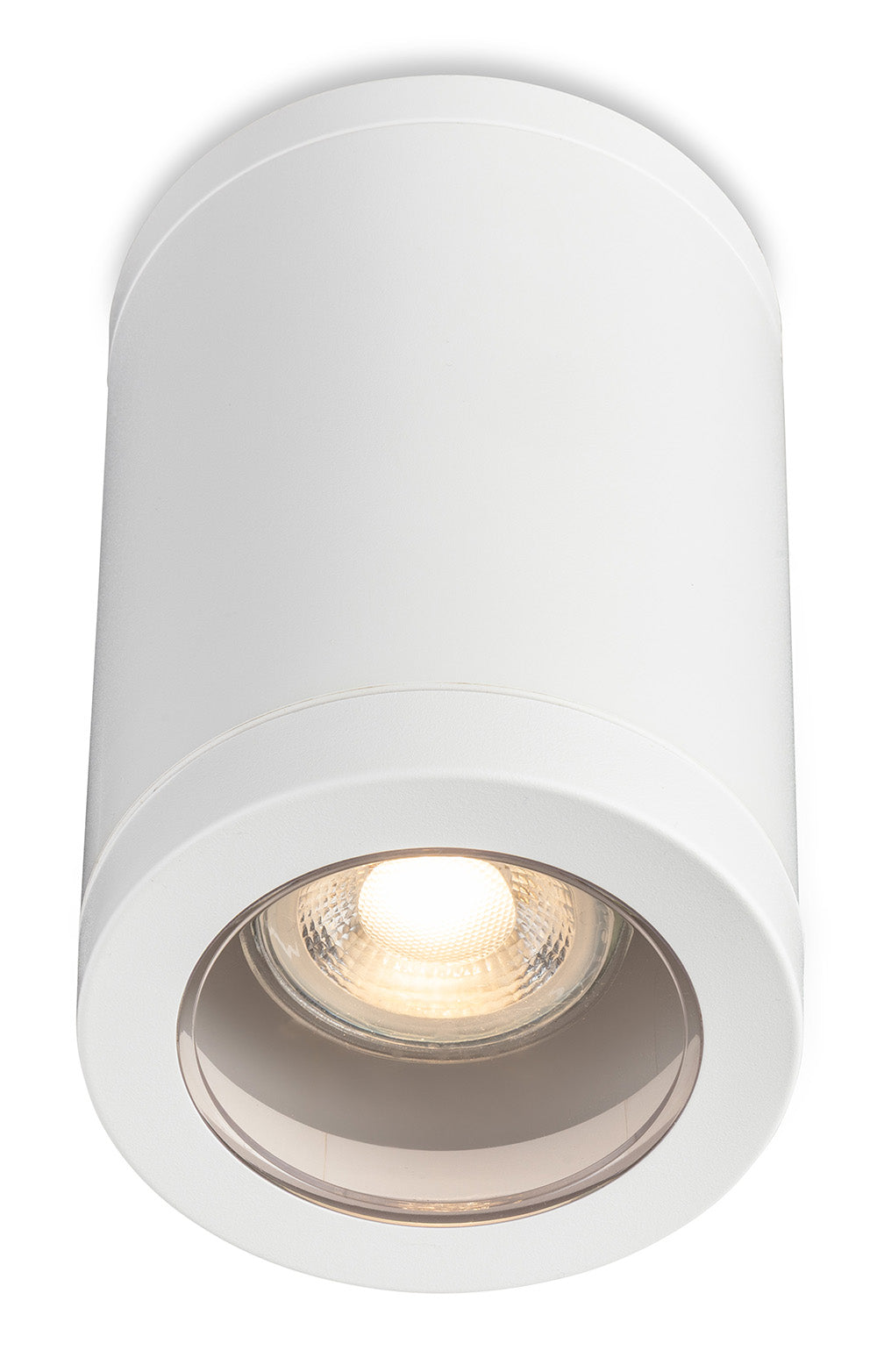 White cylindrical ceiling light with a glowing bulb