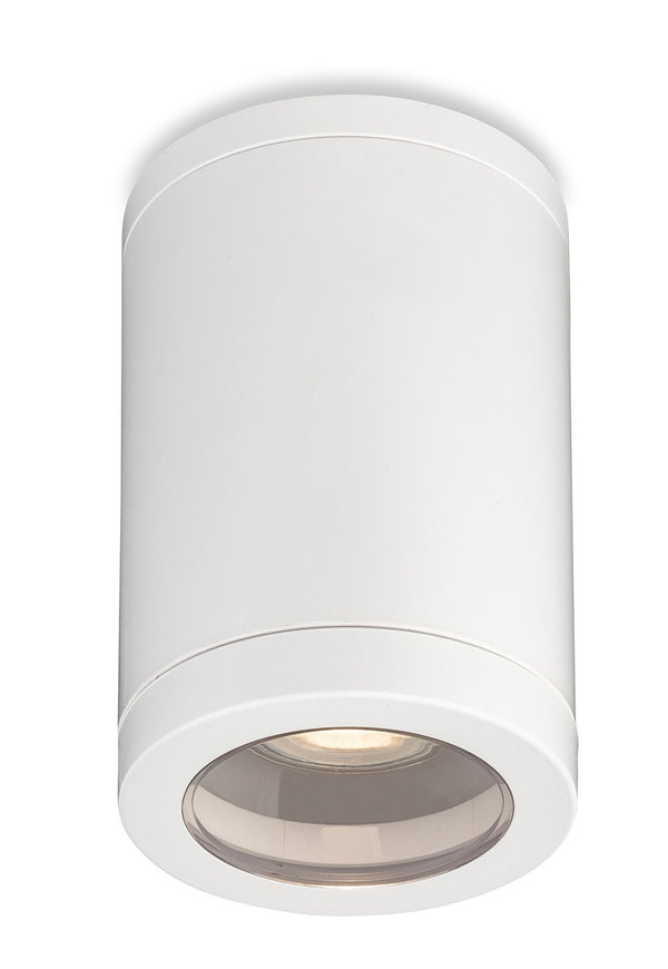 White cylindrical ceiling light with a clear lens and warm glow