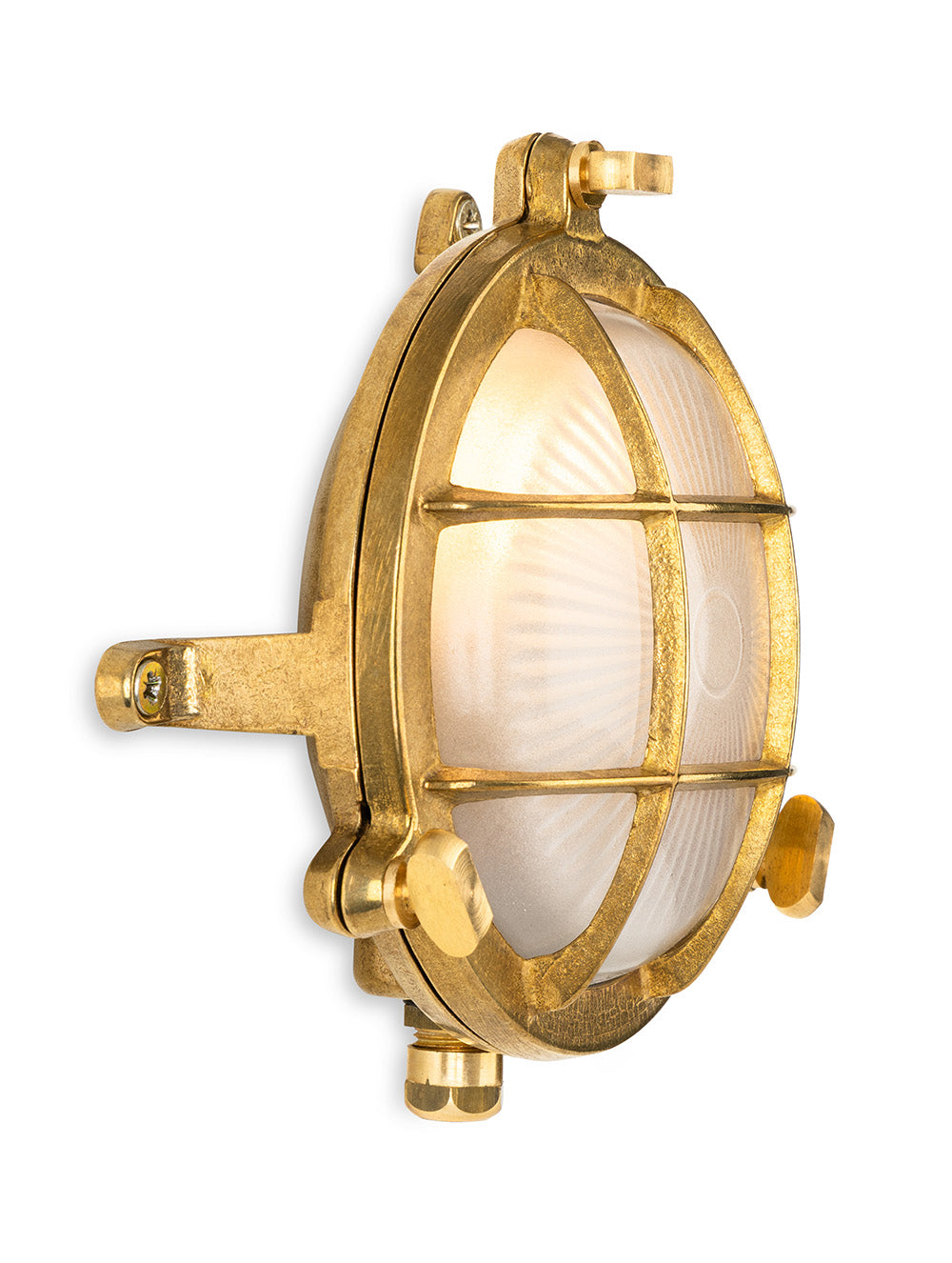 Round brass bulkhead light with a frosted glass diffuser and protective cage