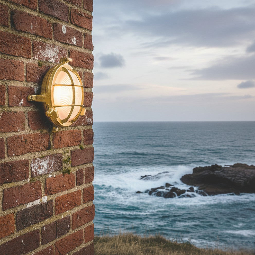Brass outdoor wall light on a brick wall overlooking the ocean