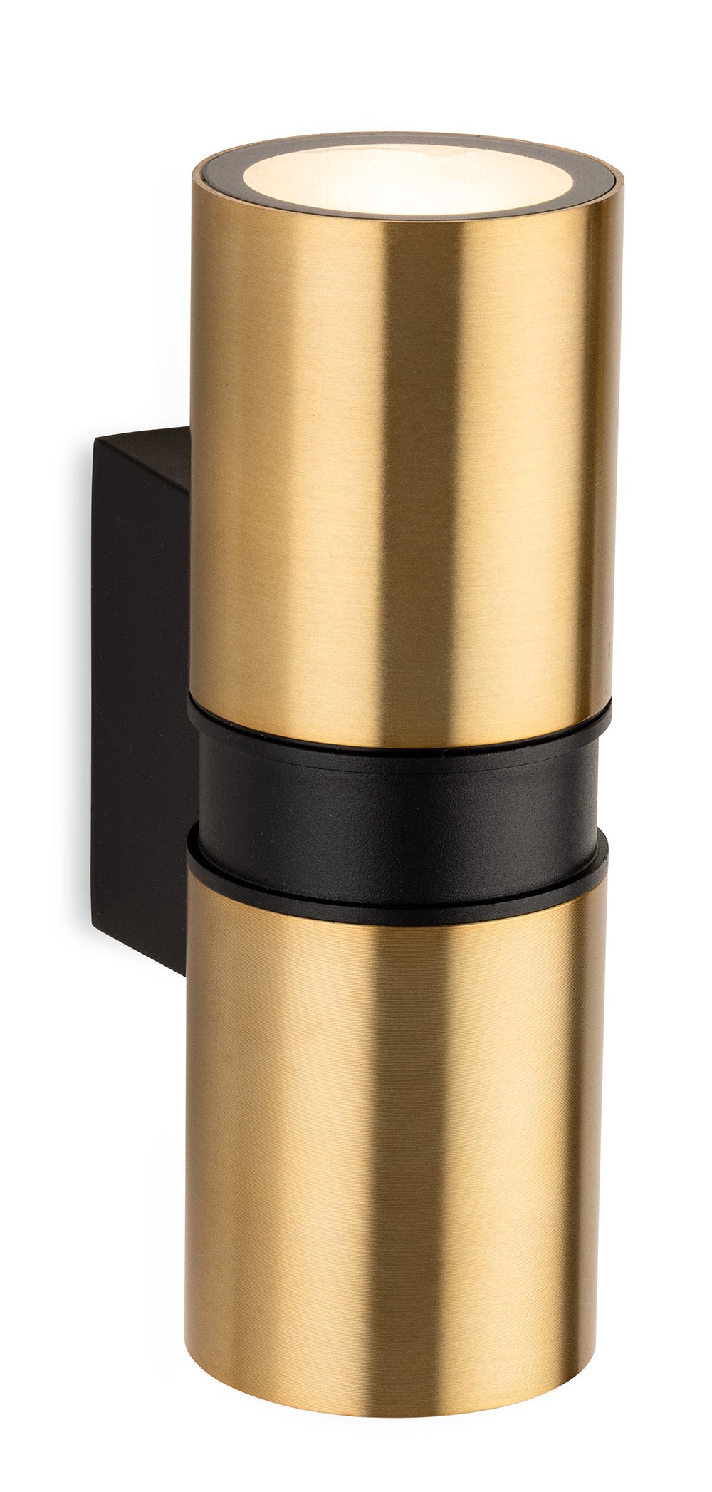 Cylindrical brass wall light with black mounting bracket and central band