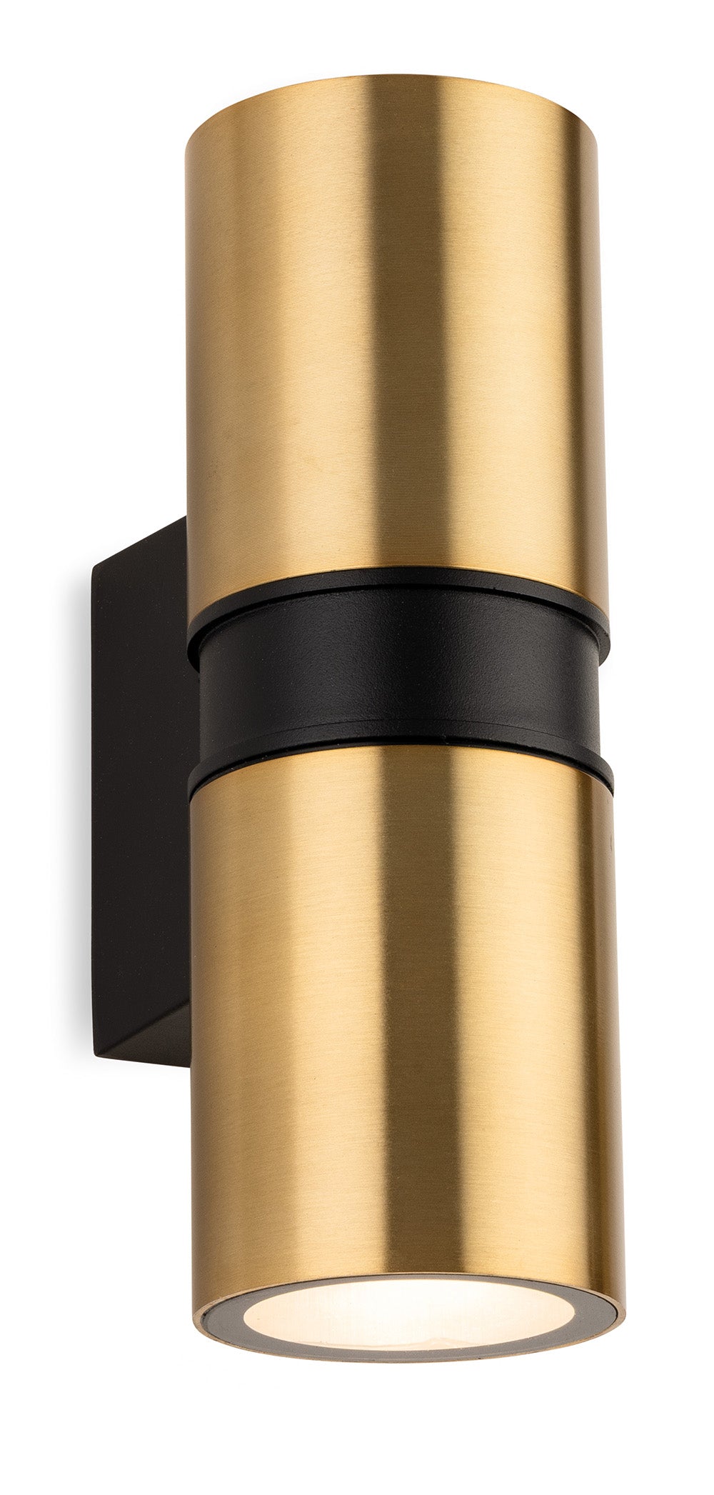 Cylindrical brass wall light with a black band around the middle and a black mounting plate